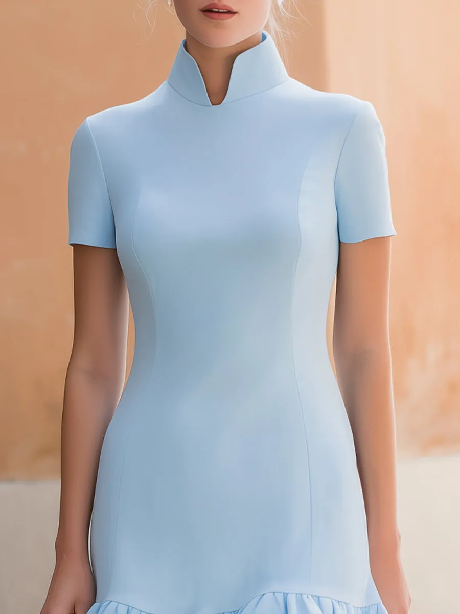 Stand-Up Collar Short-Sleeve Ruffle Hem Bodycon Mini Dress sold by Mooyius product image thumbnail 2