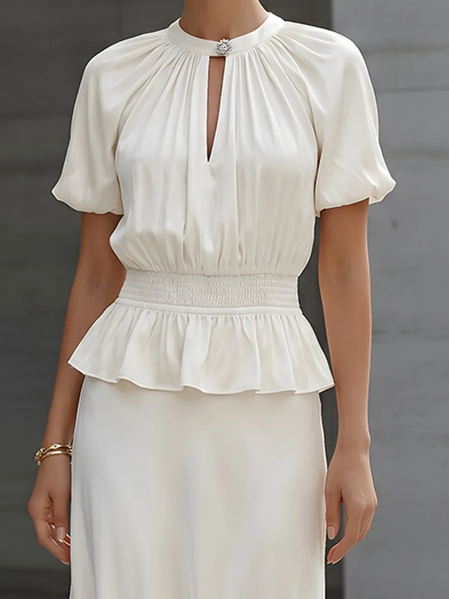 Satin Puff Sleeve Smocked Peplum Midi Dress sold by Mooyius product image thumbnail 3