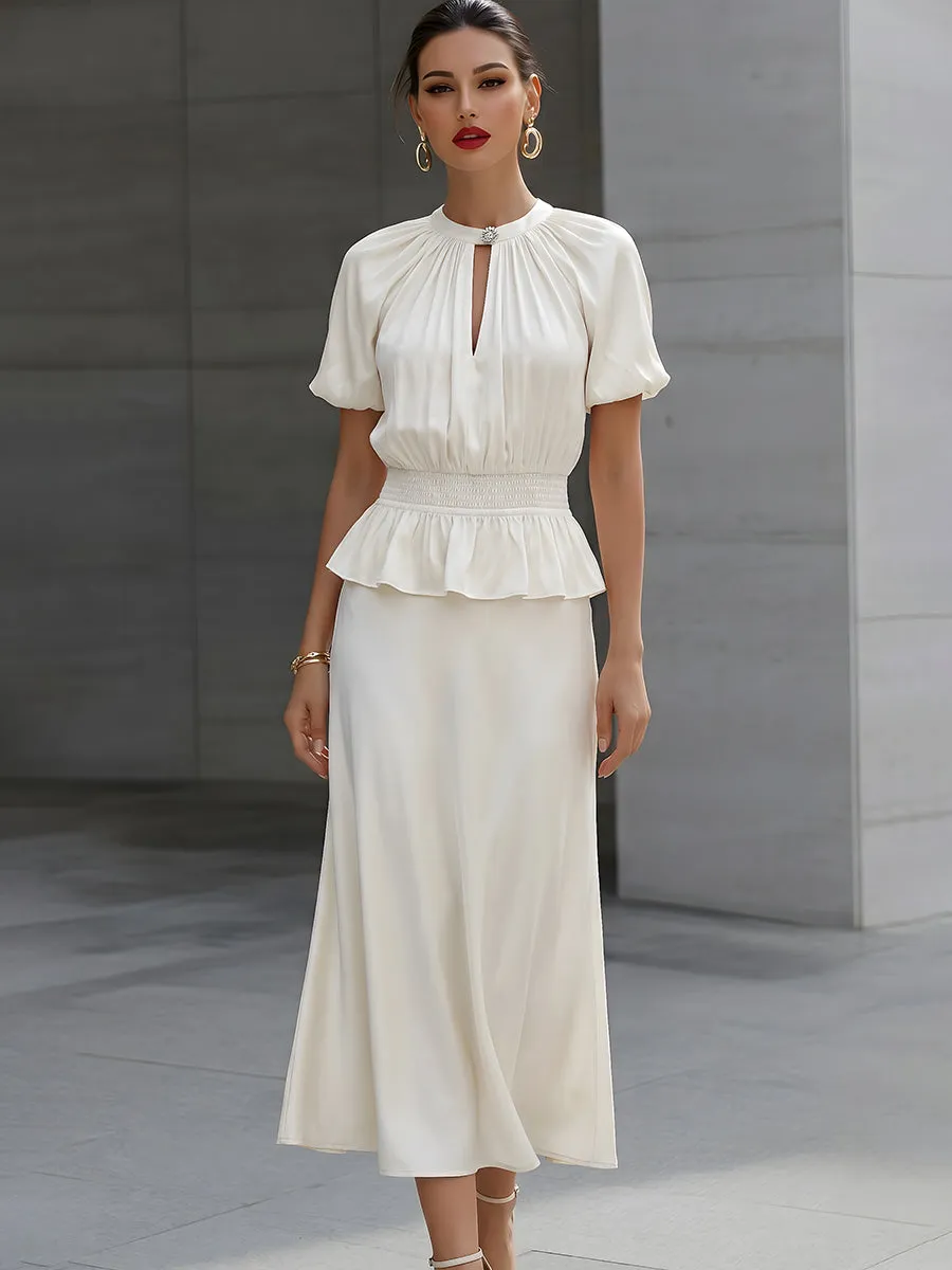 Satin Puff Sleeve Smocked Peplum Midi Dress sold by Mooyius product image thumbnail 2