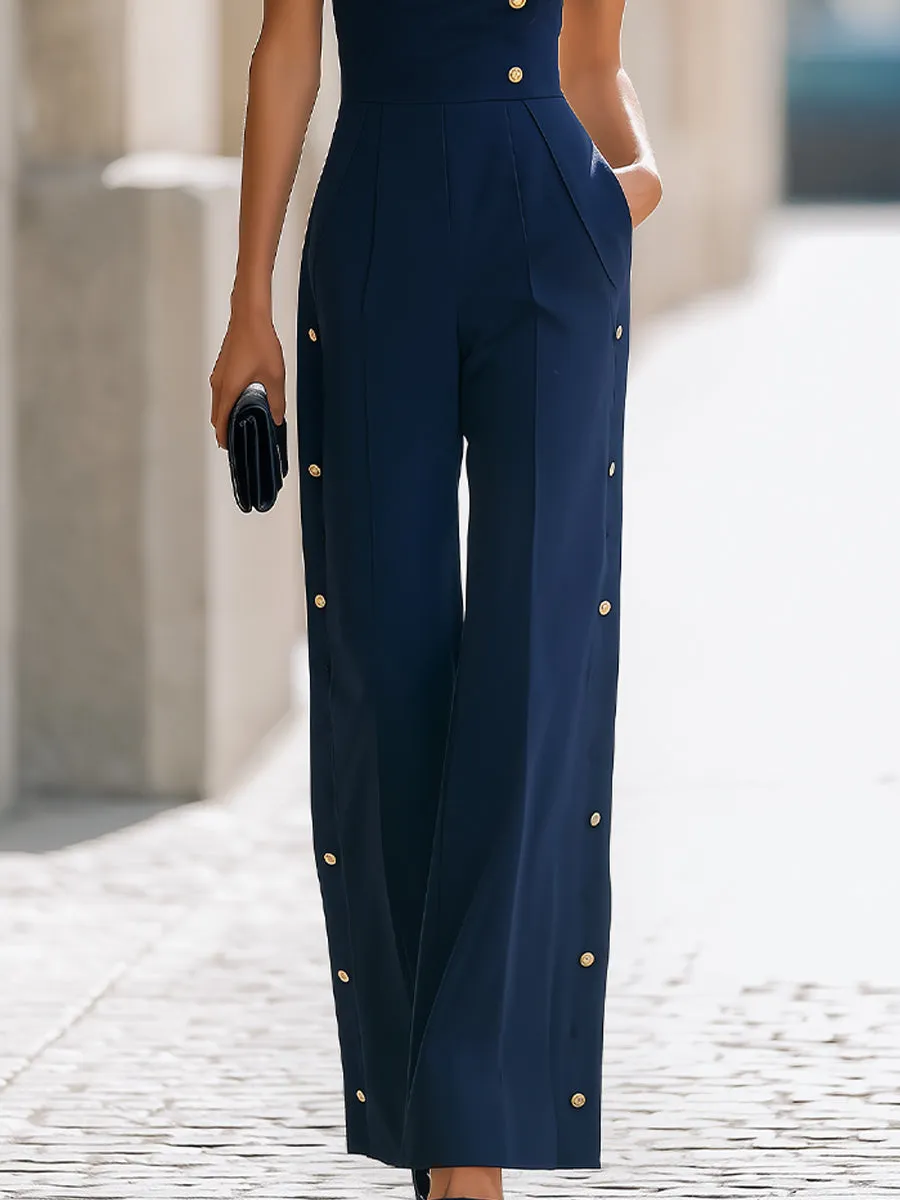 Navy High-Neck Sleeveless Gold-Button Wide-Leg Jumpsuit sold by Mooyius product image thumbnail 3
