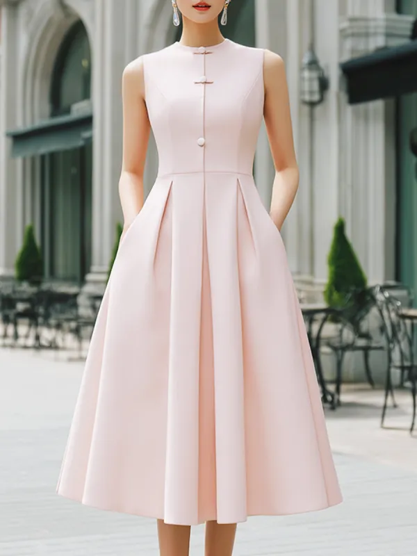 Mandarin Collar Button-Front Sleeveless Pleated A-Line Maxi Dress made by Mooyius