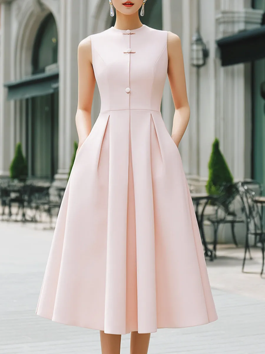 Mandarin Collar Button-Front Sleeveless Pleated A-Line Maxi Dress sold by Mooyius
