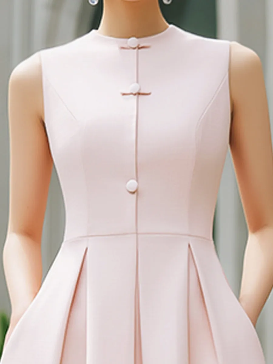 Mandarin Collar Button-Front Sleeveless Pleated A-Line Maxi Dress sold by Mooyius product image thumbnail 2