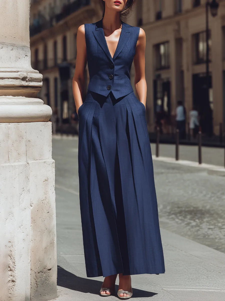 Tailored Sleeveless Vest And Pleated Skirt Set sold by Mooyius