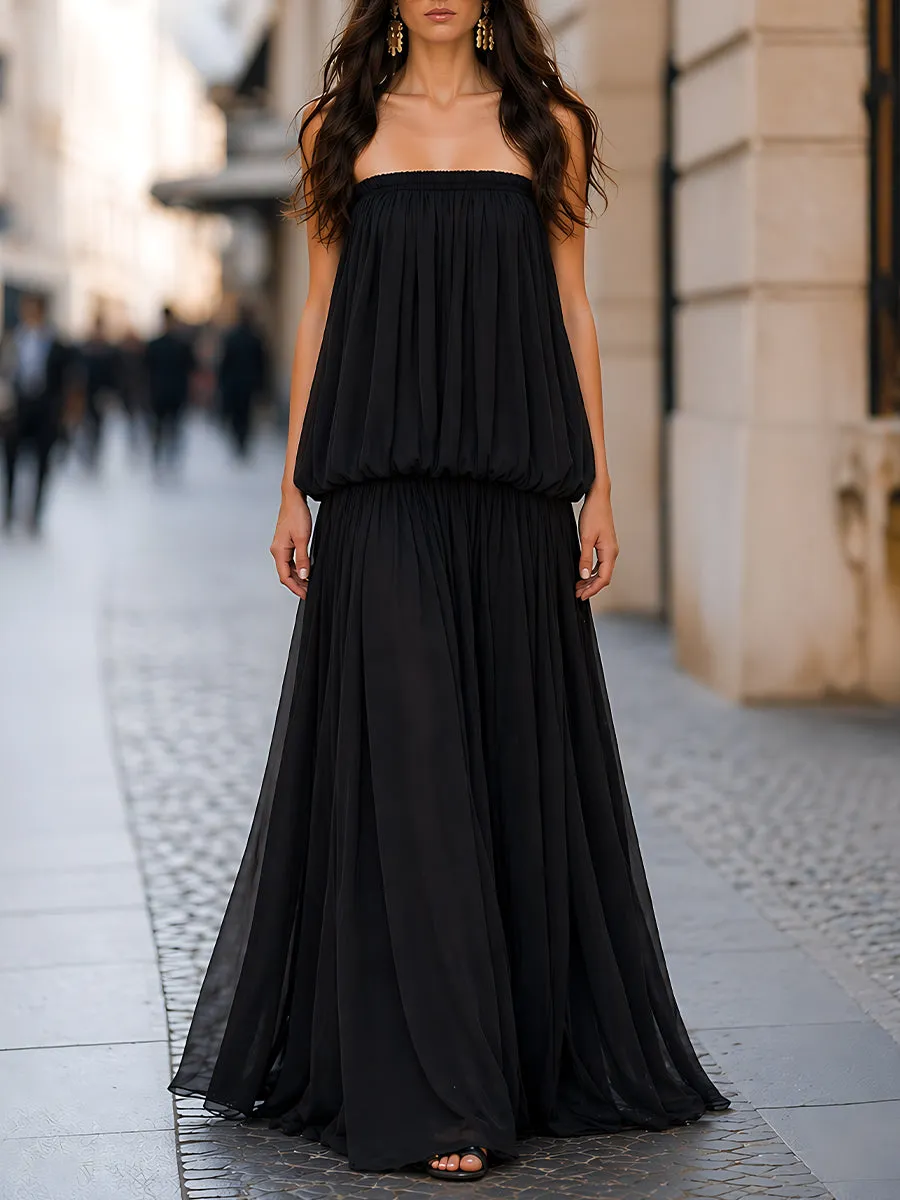 Strapless Gathered Bodice Layered Maxi Dress sold by Mooyius