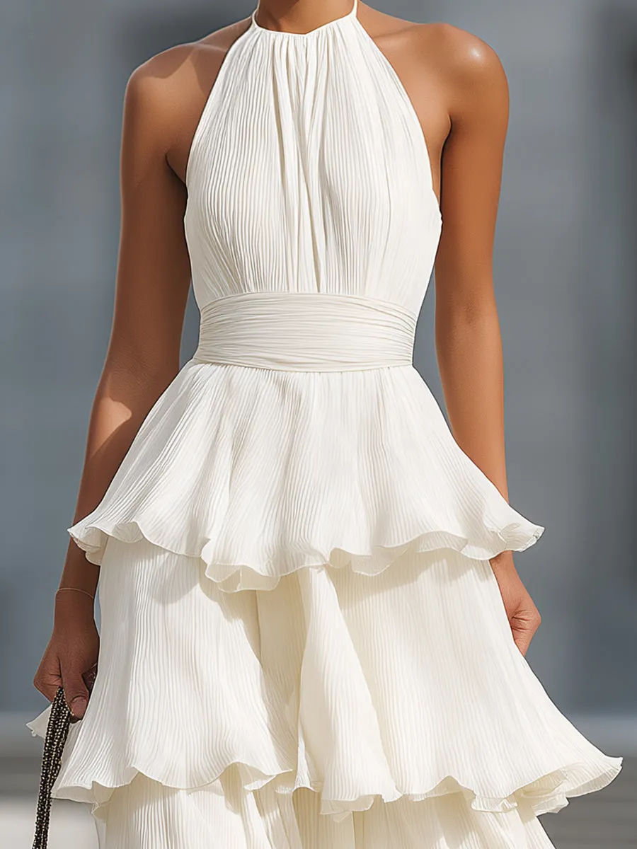 Halter Neck Tiered Pleated Chiffon Maxi Dress sold by Mooyius product image thumbnail 3