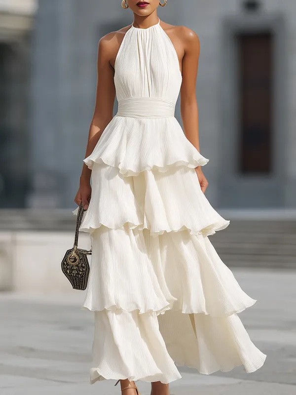 Halter Neck Tiered Pleated Chiffon Maxi Dress made by Mooyius