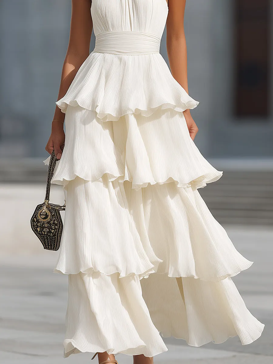 Halter Neck Tiered Pleated Chiffon Maxi Dress sold by Mooyius product image thumbnail 2