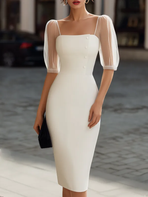 Sheer Sleeve Button-Detail Square-Neck Midi Dress made by Mooyius
