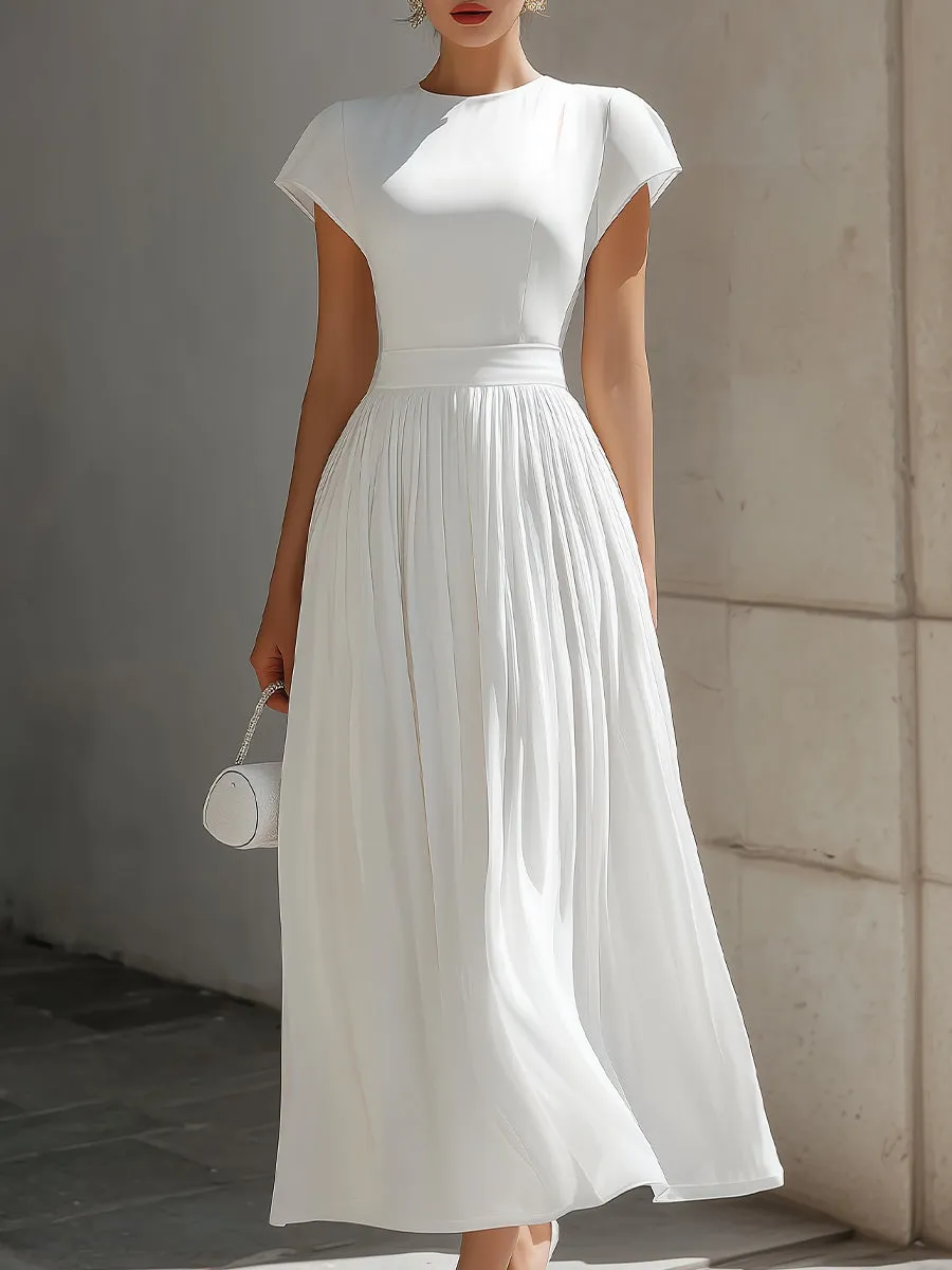 Round Neck Cap Sleeve Pleated Chiffon Waisted Maxi Dress sold by Mooyius