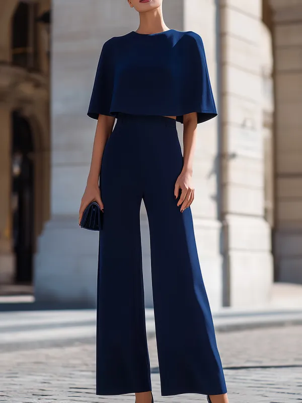 Cape-Sleeve Crop Top & High-Waisted Wide-Leg Pants Two-Piece Set made by Something Navy