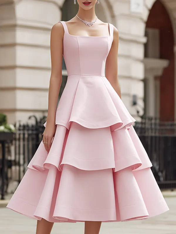 Square Neck Tiered Ruffle Hem Sleeveless A-Line Midi Dress made by Mooyius