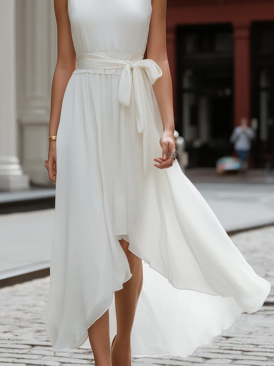 Sleeveless Round Neck Tie-Waist Asymmetric Hem Flowing Midi Dress sold by Mooyius product image thumbnail 3