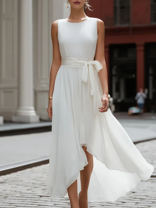 Sleeveless Round Neck Tie-Waist Asymmetric Hem Flowing Midi Dress made by Mooyius