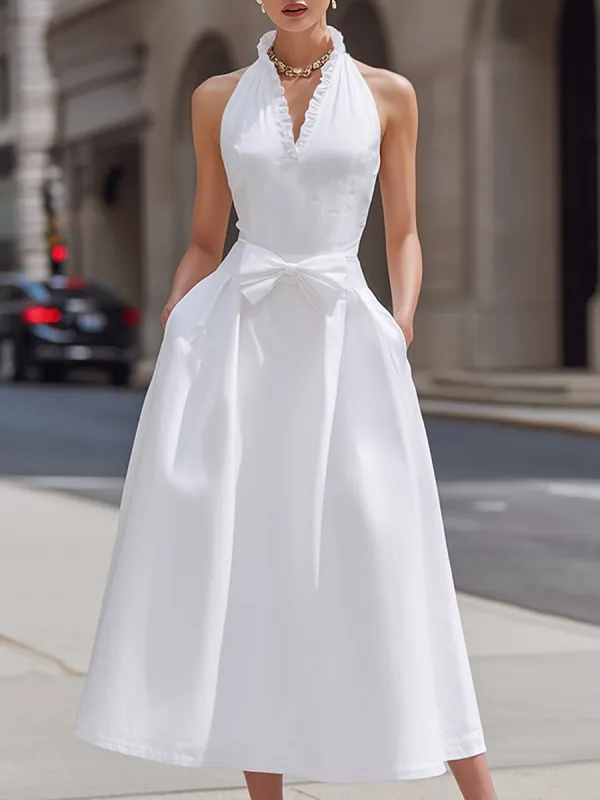 Halter Ruffle Neck Bow Waist Sleeveless A-Line Maxi Dress made by Mooyius