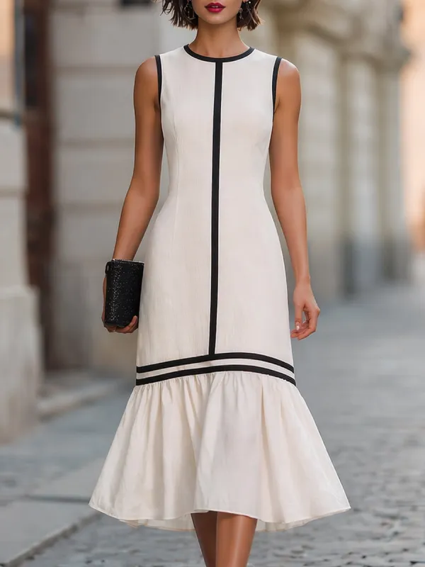 Contrast Trim Sleeveless Flared Hem Maxi Dress made by Mooyius