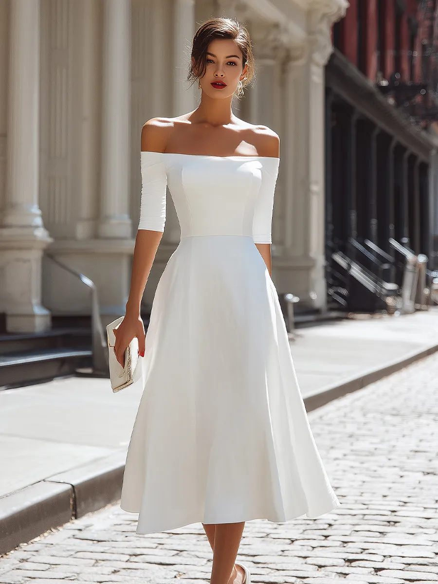 Off-Shoulder Fitted Bodice A-Line Midi Dress sold by Mooyius product image thumbnail 2
