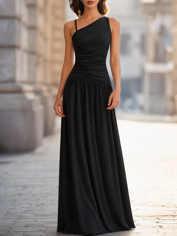 One-Shoulder Ruched Bodice Flowing Maxi Dress made by Mooyius