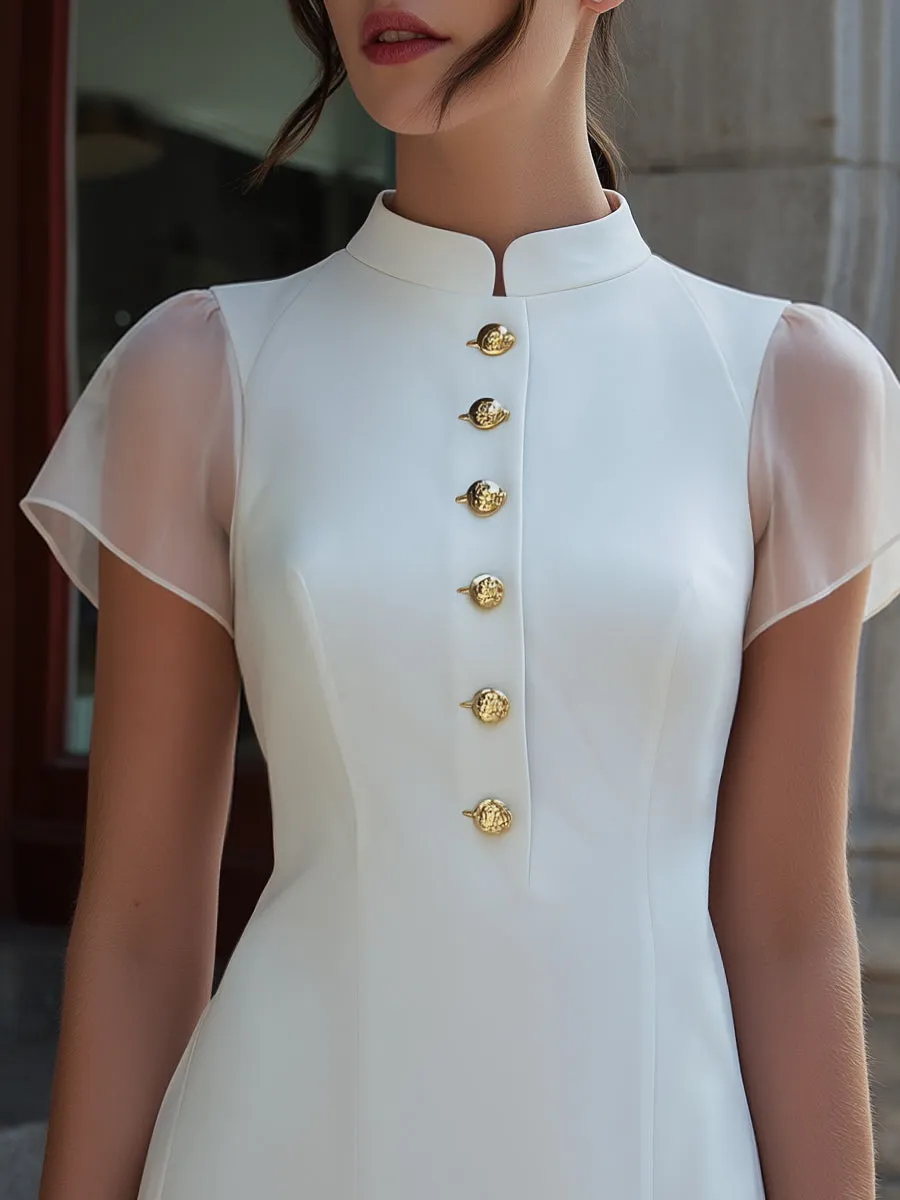 Stand Collar Button-Front Sheer Sleeve Mini Dress sold by Mooyius product image thumbnail 2