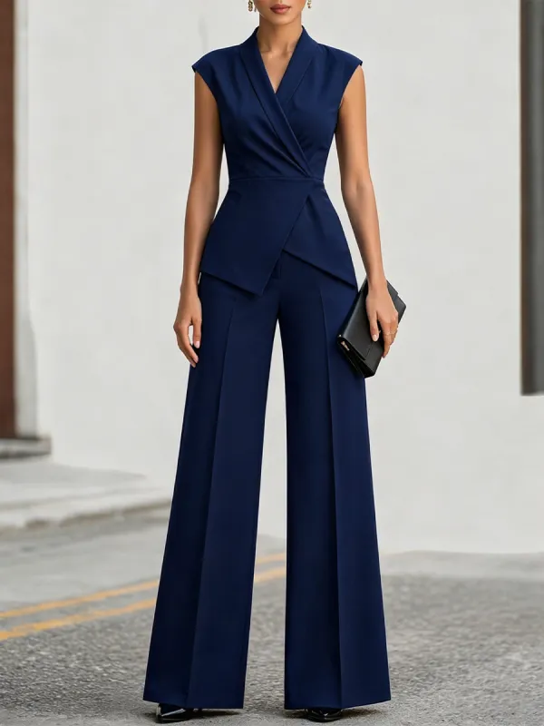 Structured Wrap Peplum Top And Wide-Leg Pants Set made by Mooyius