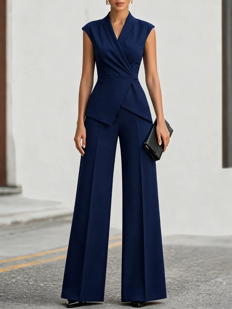 Structured Wrap Peplum Top And Wide-Leg Pants Set sold by Mooyius