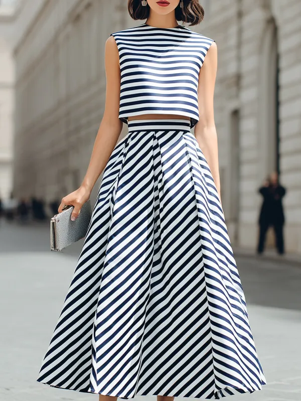 Structured Striped Cropped Top And Pleated A-Line Midi Skirt Set made by Mooyius