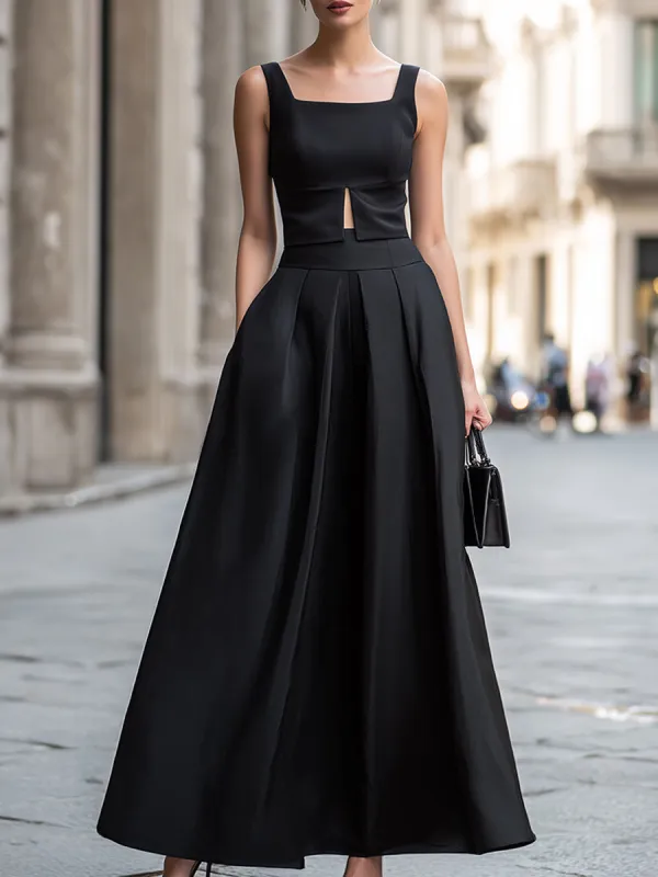 Square Neck Cutout Waist Structured A-Line Midi Dress made by Mooyius