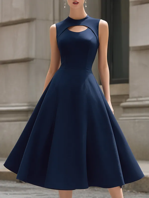 High Neck Cutout Sleeveless Structured A-Line Midi Dress made by Mooyius