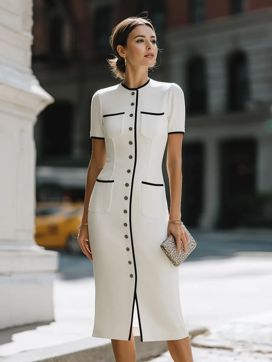 Contrast Trim Button-Front Tailored Midi Dress sold by Mooyius product image thumbnail 2