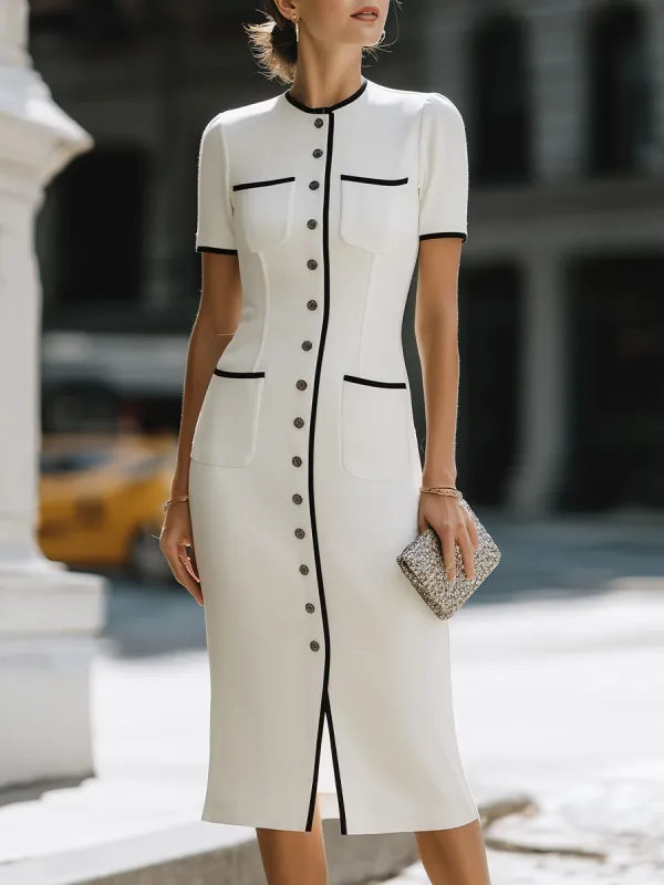 Contrast Trim Button-Front Tailored Midi Dress made by Mooyius