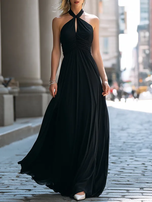 Halter Neck Ruched Bodice Flowing Maxi Evening Dress made by Mooyius