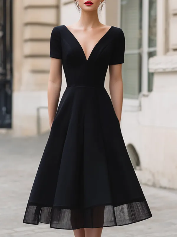 Deep V-Neck Short Sleeve Sheer Hem A-Line Midi Dress made by Mooyius
