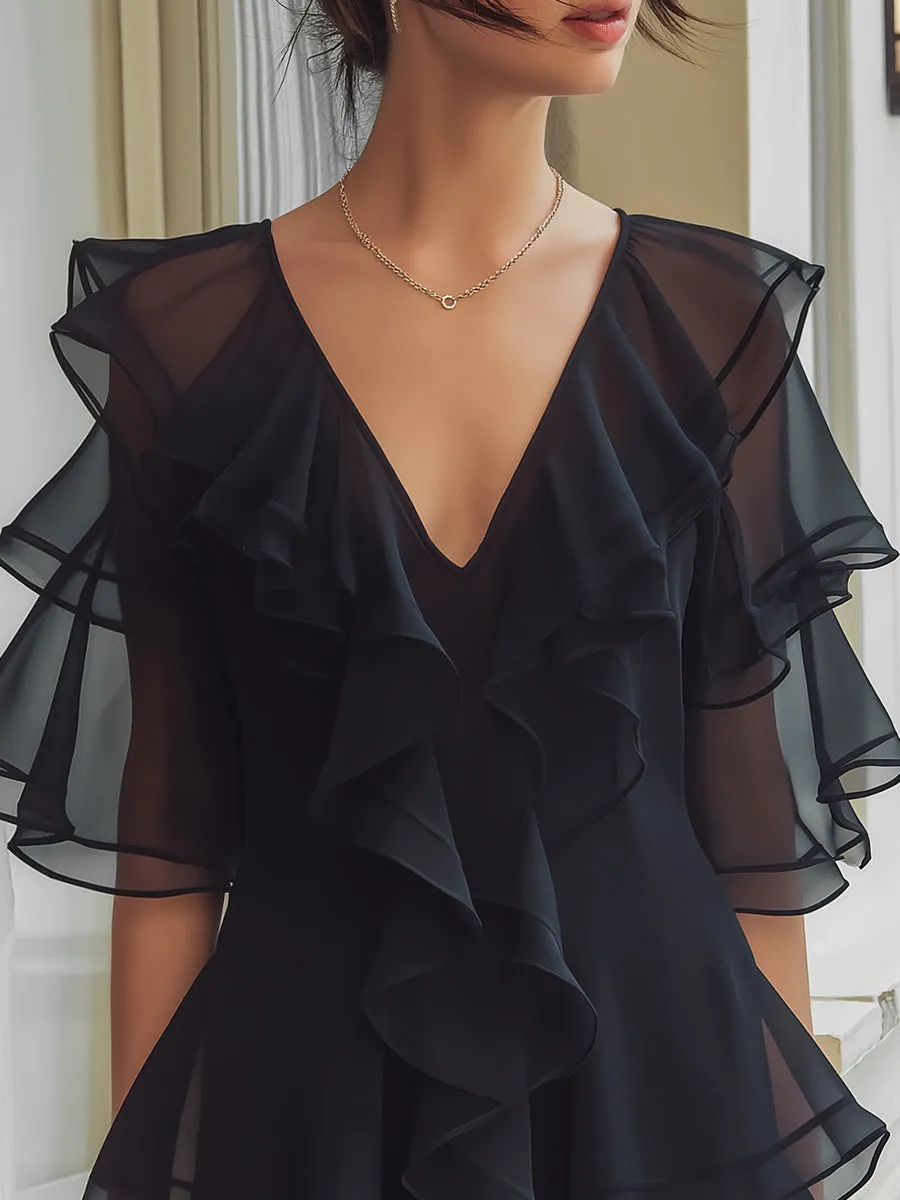 Layered Ruffle V-Neck Chiffon Mini Dress sold by Mooyius product image thumbnail 2