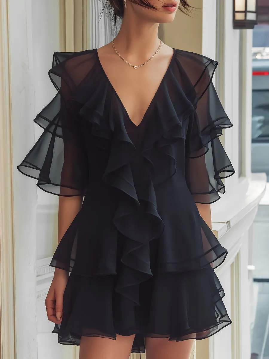 Layered Ruffle V-Neck Chiffon Mini Dress sold by Mooyius