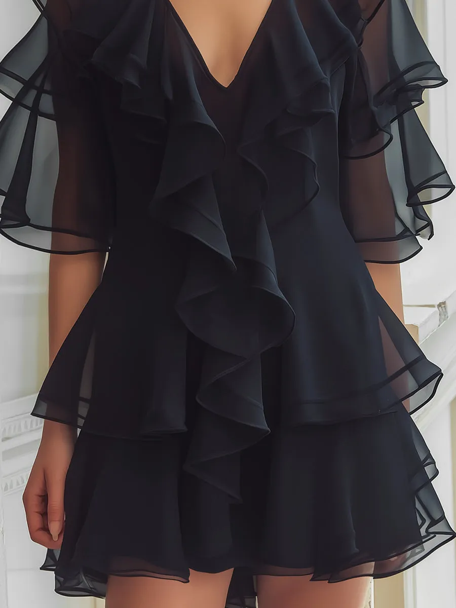 Layered Ruffle V-Neck Chiffon Mini Dress sold by Mooyius product image thumbnail 3