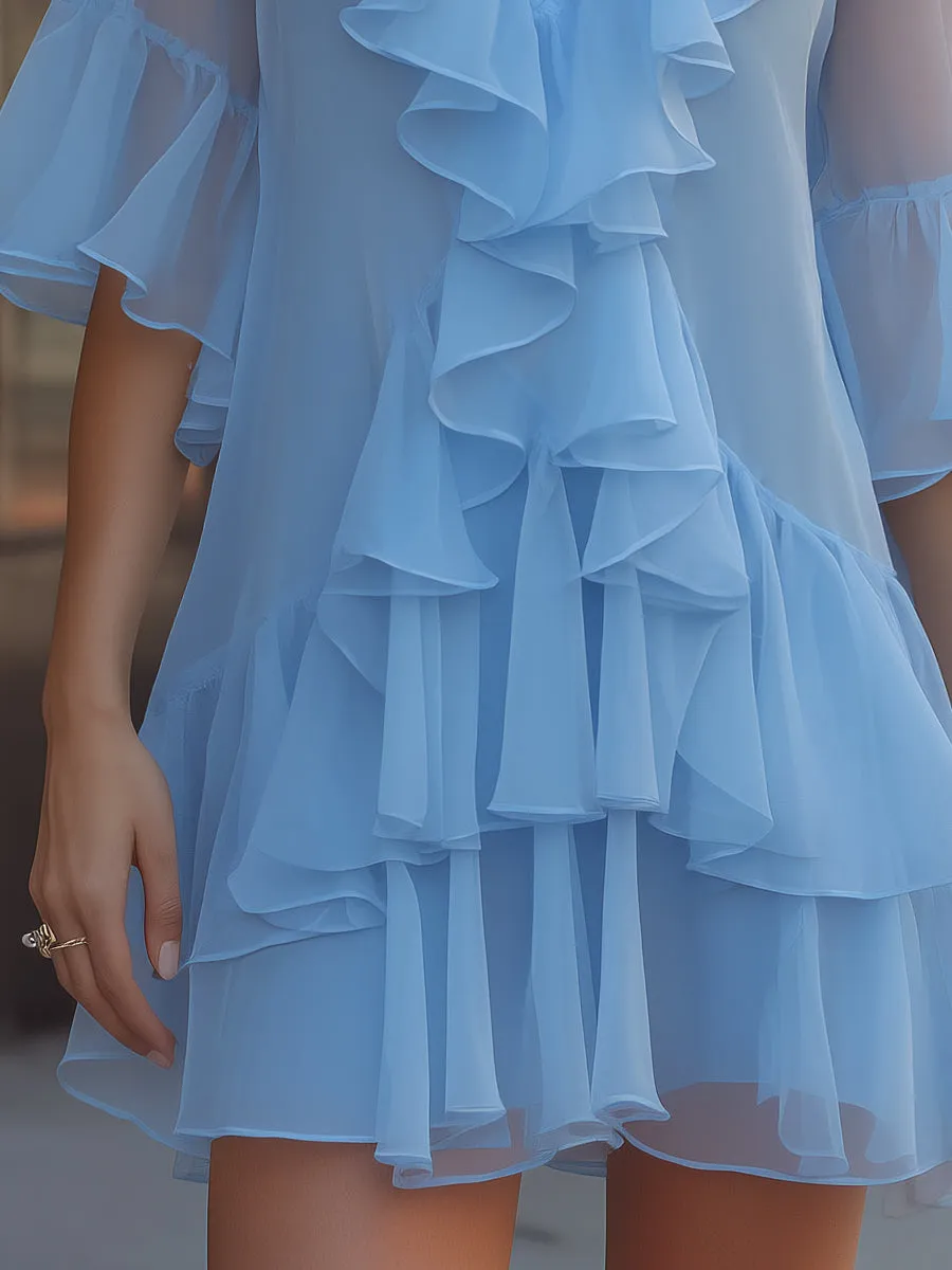 Layered Ruffle V-Neck Chiffon Mini Dress sold by Mooyius product image thumbnail 3