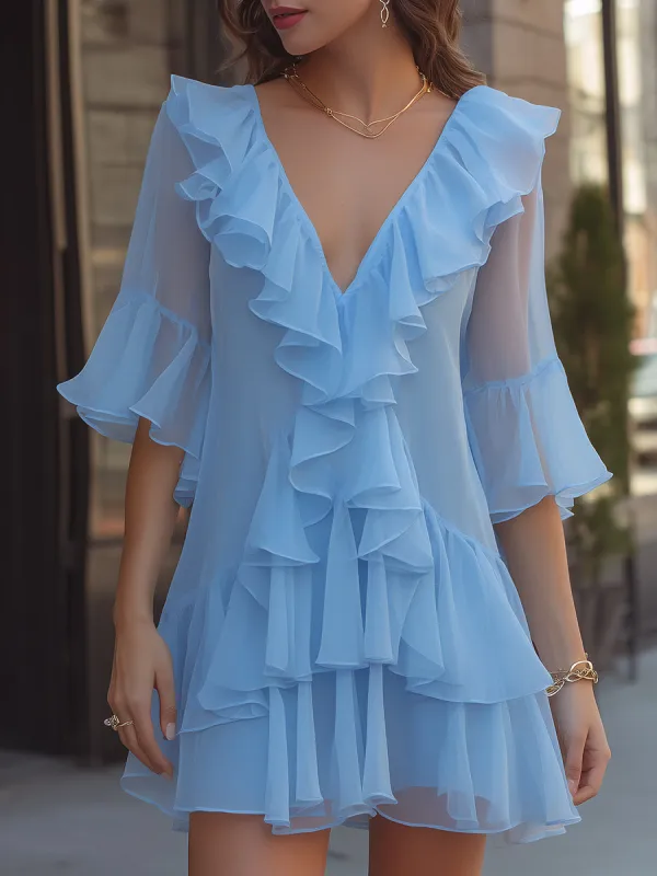 Layered Ruffle V-Neck Chiffon Mini Dress made by Mooyius
