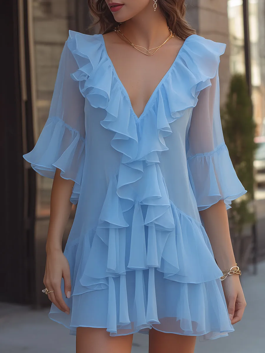 Layered Ruffle V-Neck Chiffon Mini Dress sold by Mooyius