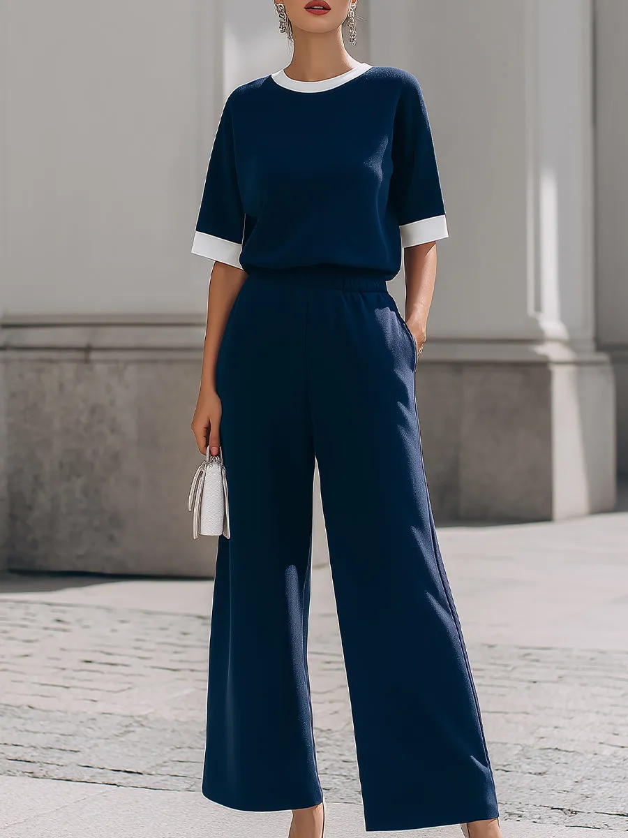 Contrast Trim Short-Sleeve Top & Elastic-Waist Wide-Leg Pants Two-Piece Set sold by Mooyius