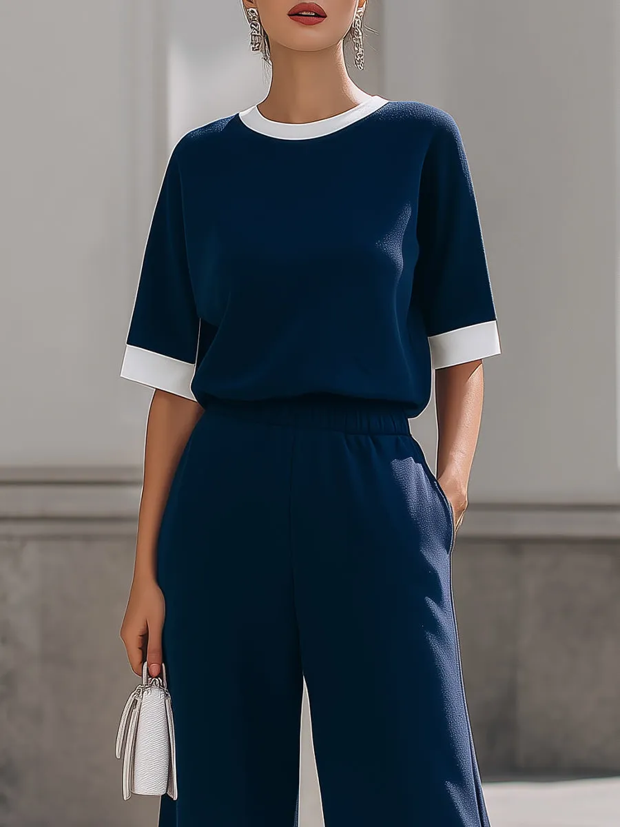 Contrast Trim Short-Sleeve Top & Elastic-Waist Wide-Leg Pants Two-Piece Set sold by Mooyius product image thumbnail 2
