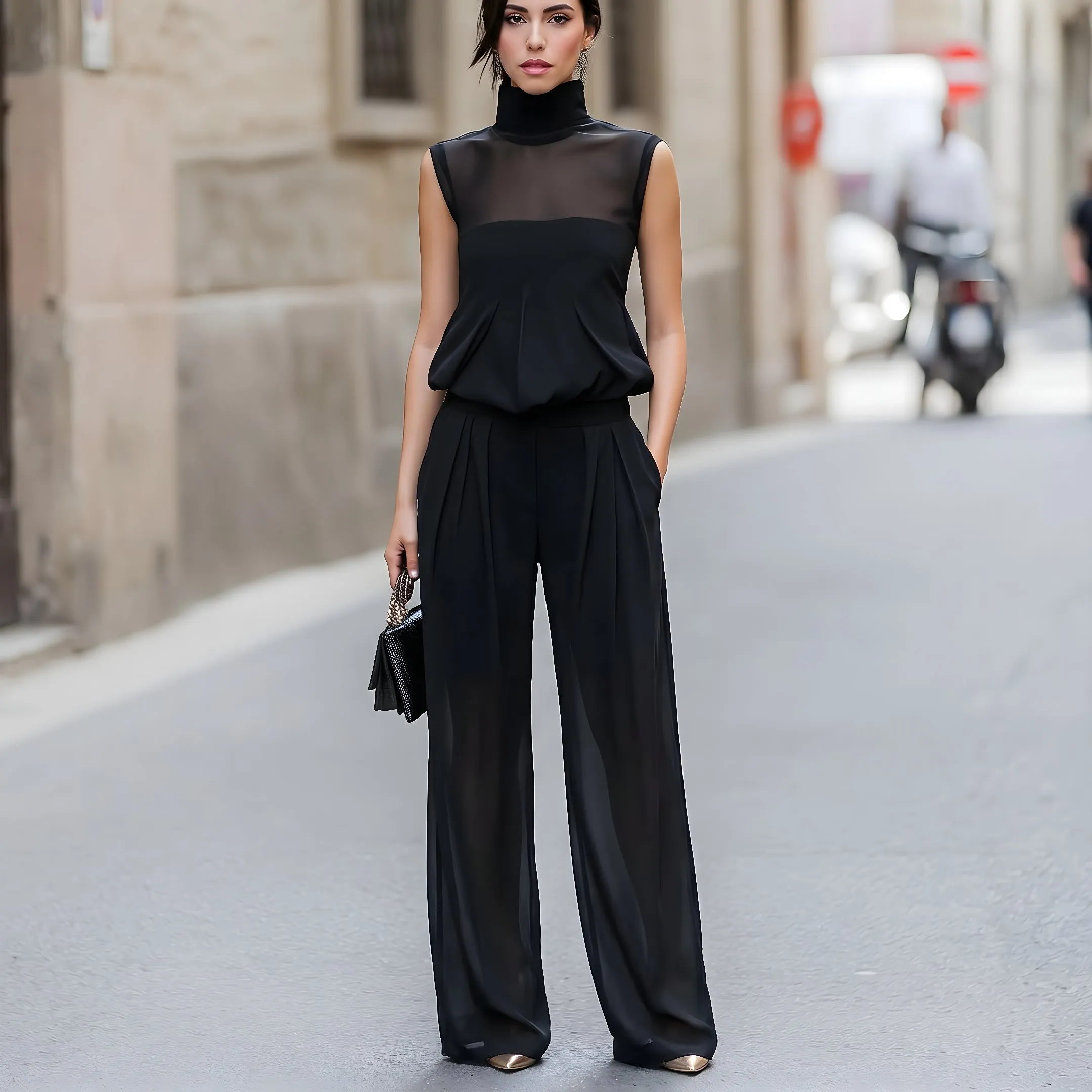 Sheer Panel High-Neck Sleeveless Top And Wide-Leg Trousers Set sold by Mooyius product image thumbnail 2