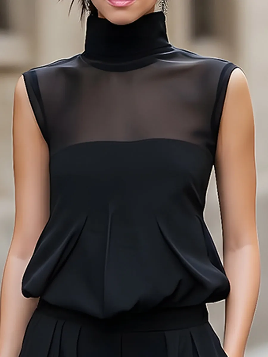 Sheer Panel High-Neck Sleeveless Top And Wide-Leg Trousers Set sold by Mooyius product image thumbnail 3