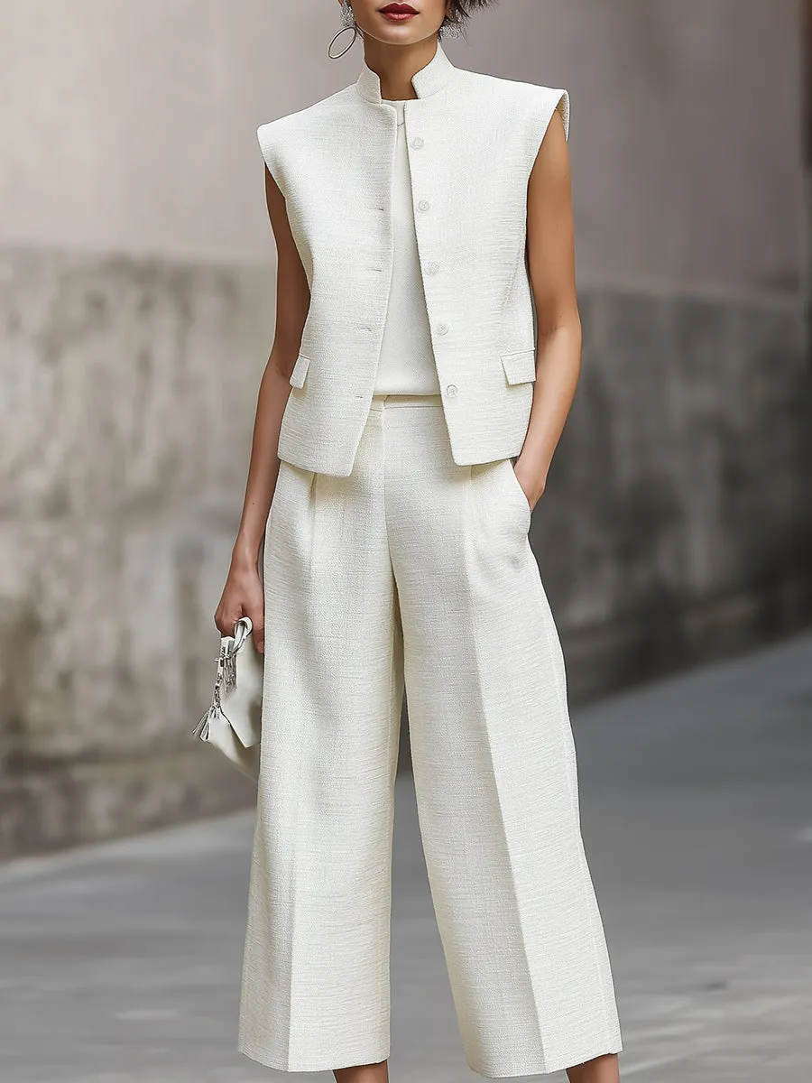 Minimalist Structured Sleeveless Mandarin Collar Vest And Wide-Leg Cropped Pants Set sold by Mooyius