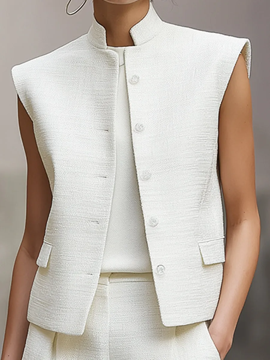 Minimalist Structured Sleeveless Mandarin Collar Vest And Wide-Leg Cropped Pants Set sold by Mooyius product image thumbnail 2