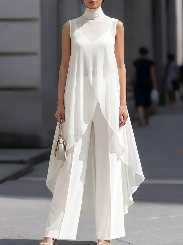Layered Sheer Overlay High Neck Sleeveless Top And Wide-Leg Pants Set made by Mooyius