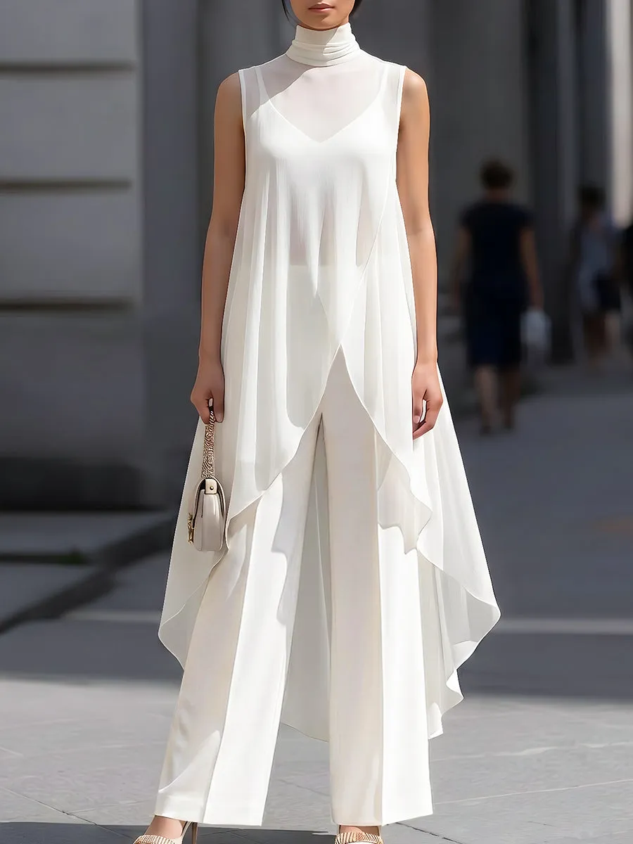 Layered Sheer Overlay High Neck Sleeveless Top And Wide-Leg Pants Set sold by Mooyius