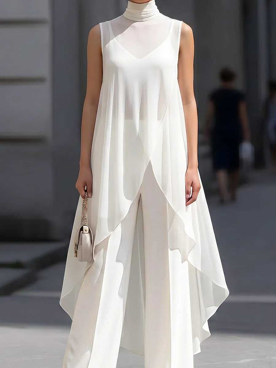 Layered Sheer Overlay High Neck Sleeveless Top And Wide-Leg Pants Set sold by Mooyius product image thumbnail 2