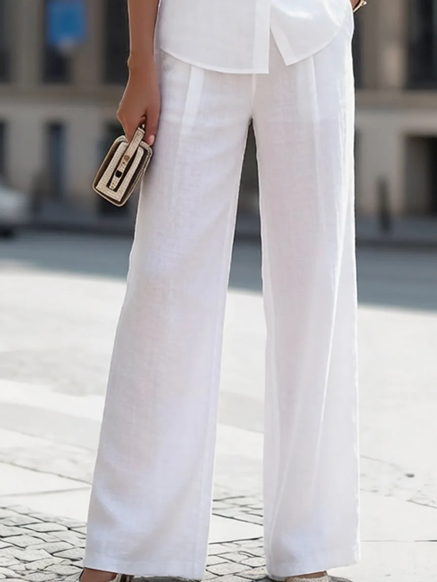 Stand Collar Short-Sleeve Shirt & High-Waisted Wide-Leg Pants Two-Piece Set sold by Mooyius product image thumbnail 3