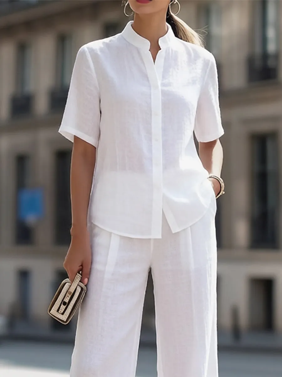 Stand Collar Short-Sleeve Shirt & High-Waisted Wide-Leg Pants Two-Piece Set sold by Mooyius product image thumbnail 2