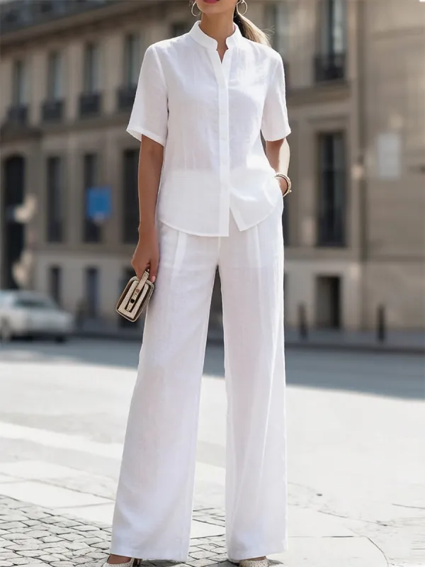 Stand Collar Short-Sleeve Shirt & High-Waisted Wide-Leg Pants Two-Piece Set made by Something Navy